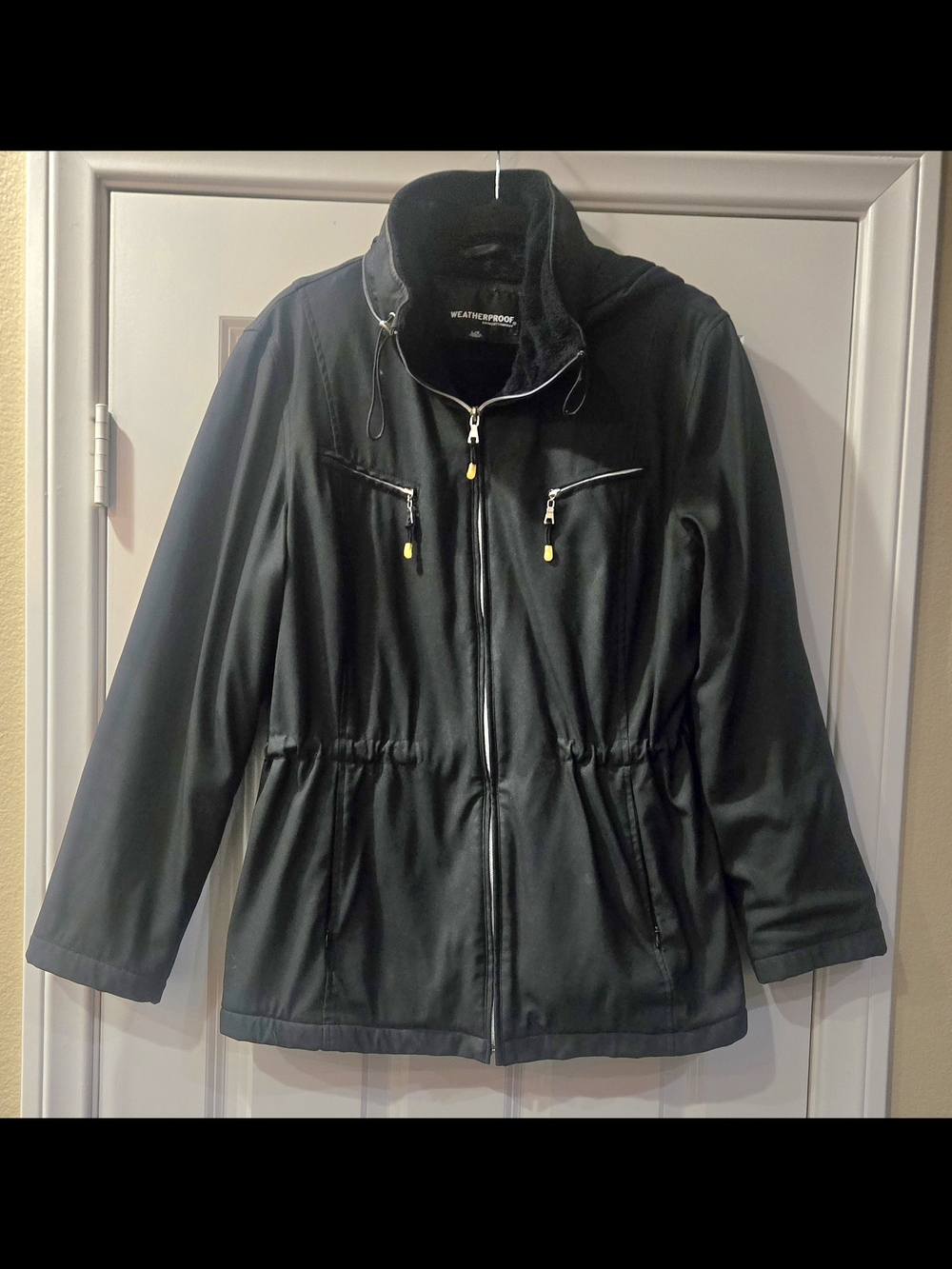 Weatherproof Women's Black Hooded Full Zip Mid-Length Jacket w/ Pockets